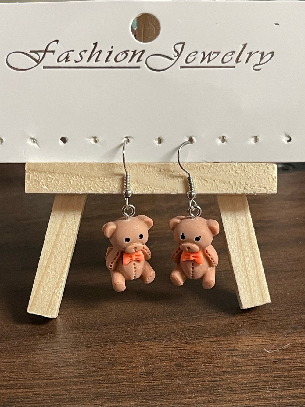 Adorable Teddy Bear Dangle Earrings with Orange Bows